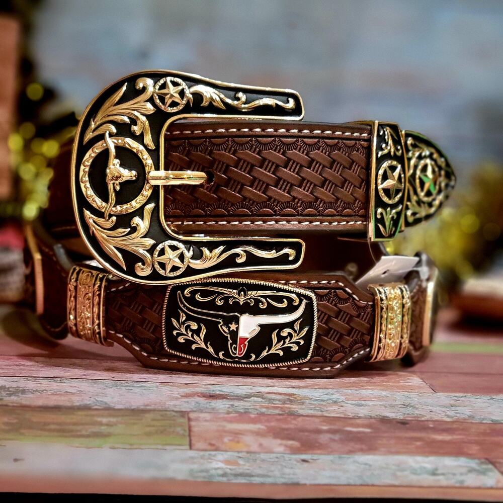 Longhorn Texas Western Belt Cowboy Cowgirl/ genuine Leather sz LG Brown Gold